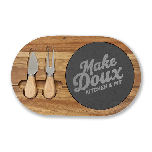 Make Doux Acacia Charcuterie Board with Slate Inset & Cheese Knives — "Make Doux Kitchen & Pit"